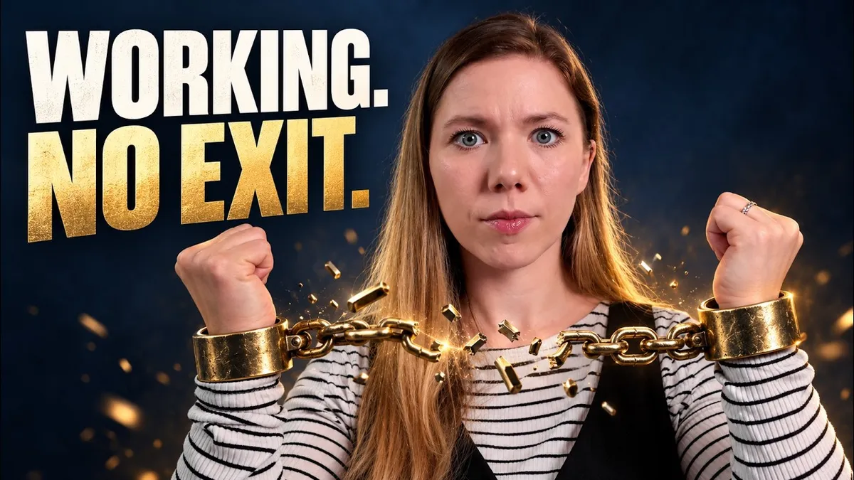 Marie Cowgill holding up her wrists in gold chains, with the words “Working. No exit.”