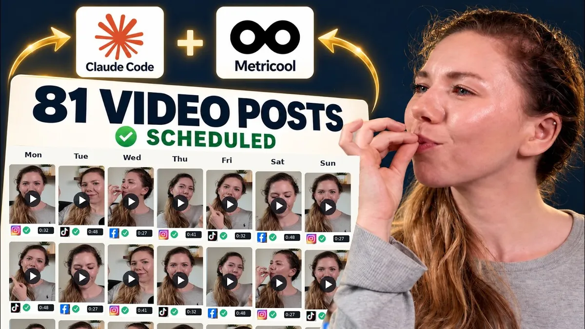 Marie Cowgill beside a calendar of scheduled posts, with Claude and Metricool logos and the words “81 video posts scheduled”.