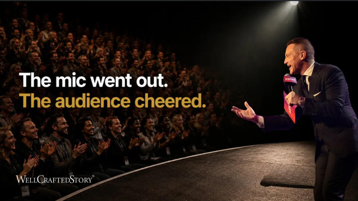 Speaker continuing a presentation after microphone failure while audience responds positively, illustrating connection in high-stakes communication