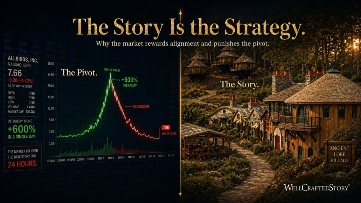 Stock market chart reacting to business pivot, illustrating how story alignment impacts credibility and investor confidence