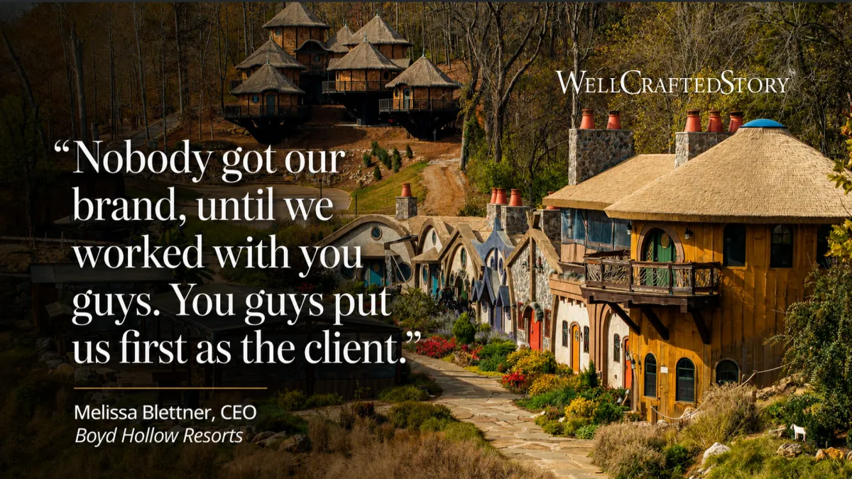 Ancient Lore Village resort dwellings surrounded by trees with Melissa Blettner quote reading Nobody got our brand until we worked with you guys. You guys put us first as the client, WellCrafted Story branding visible upper right