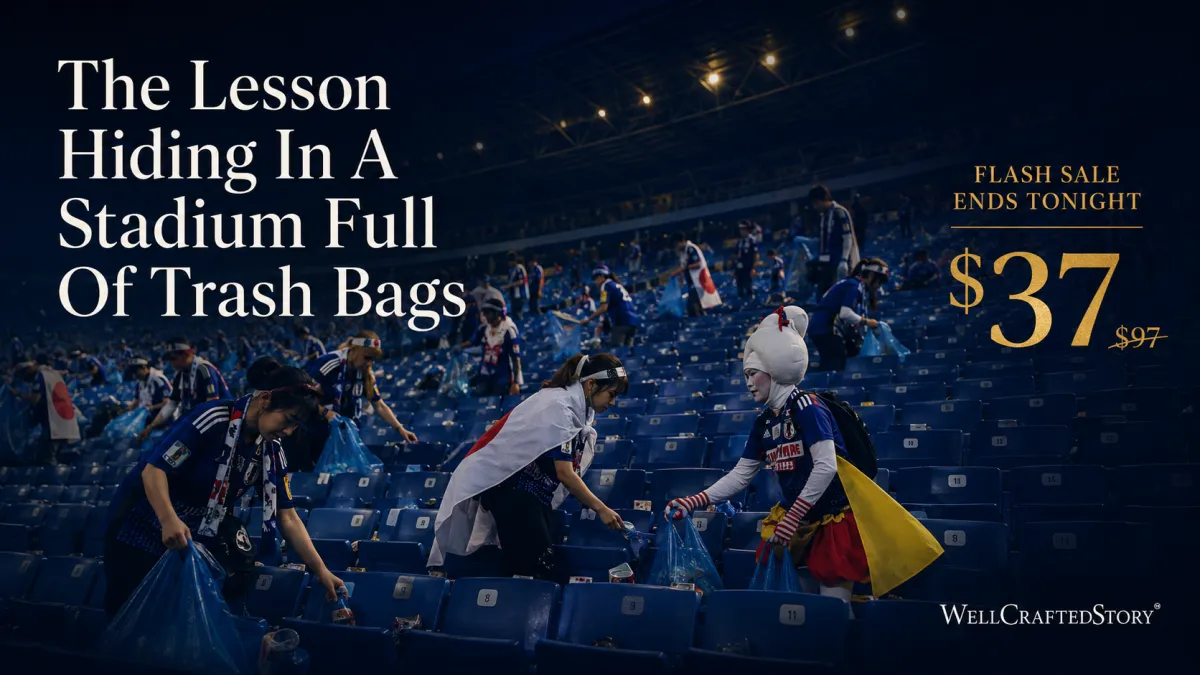 Japanese World Cup fans in team jerseys cleaning trash from stadium seats after a match.