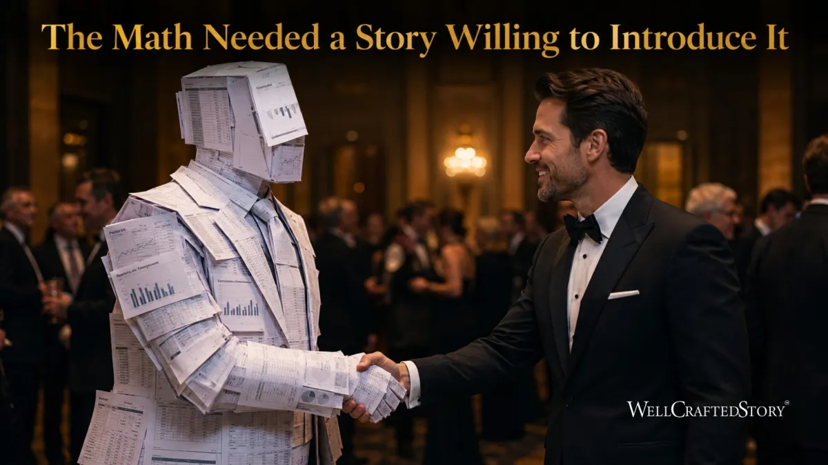 A figure made of financial spreadsheets shaking hands with a man in a tuxedo at a formal event, symbolizing story introducing numbers.