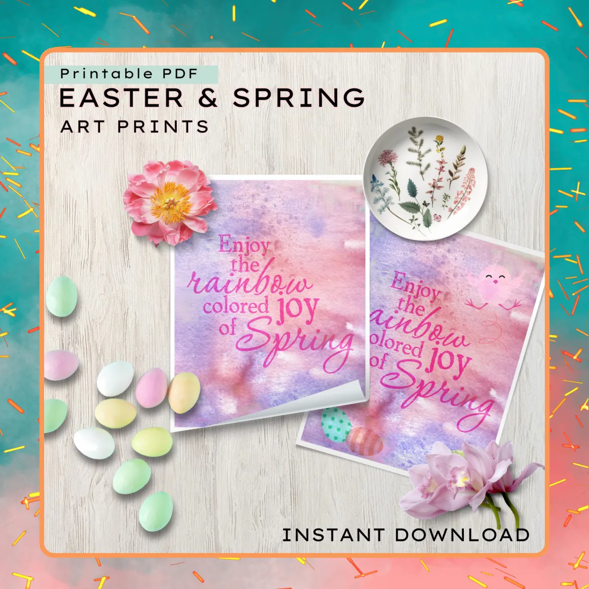 pastel colored eggs and blooms lying over digital art prints in pastel watercolor for Easter and spring
