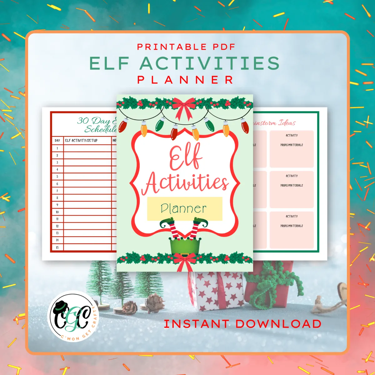 three digital printables showcasing an Elf activities planner