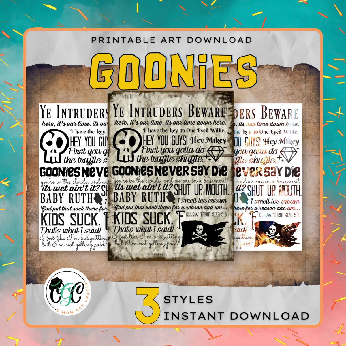 overlay of three digital prints for Goonies movie subway art printables