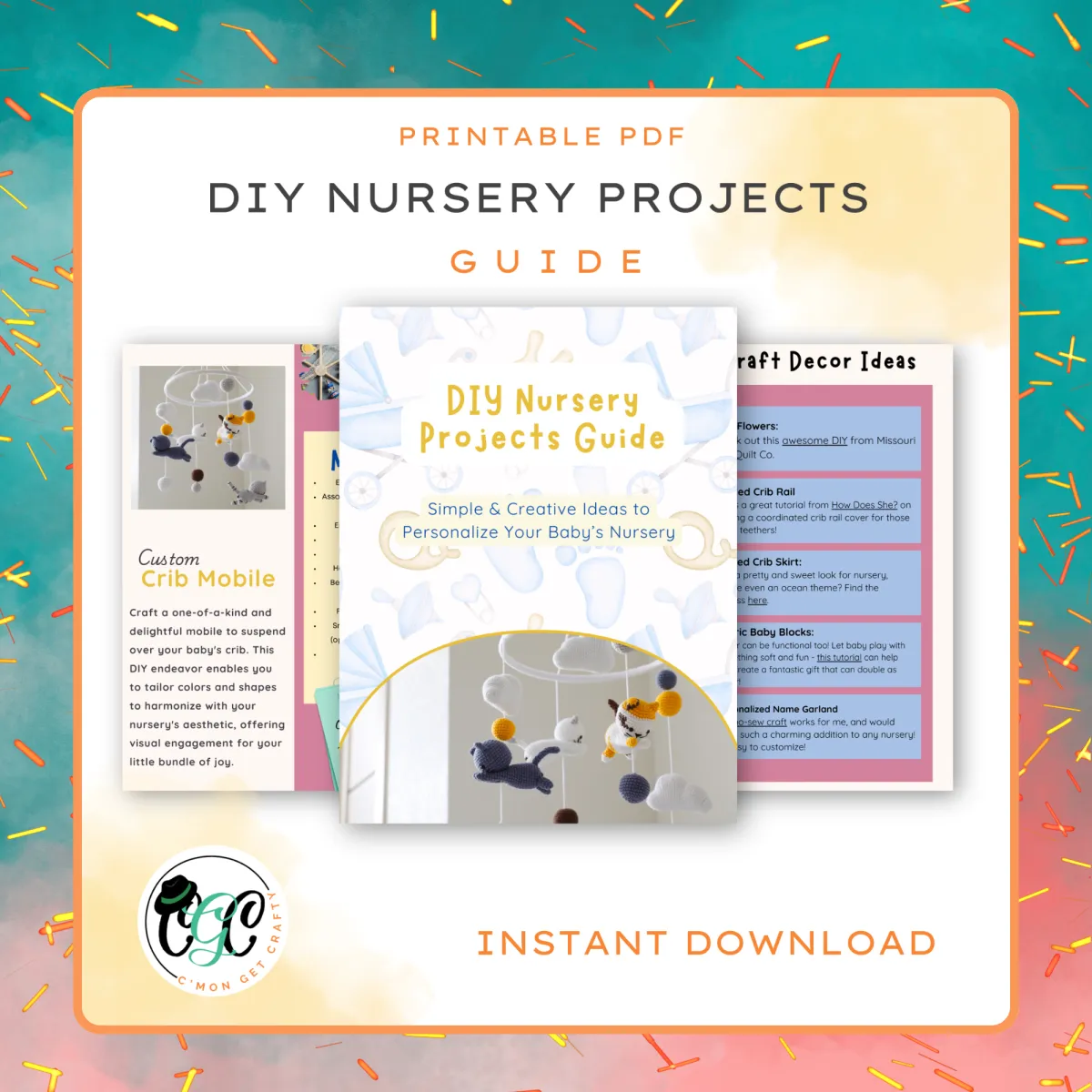 Three digital printable pages showing a DIY nursery projects guide over yellow and white background