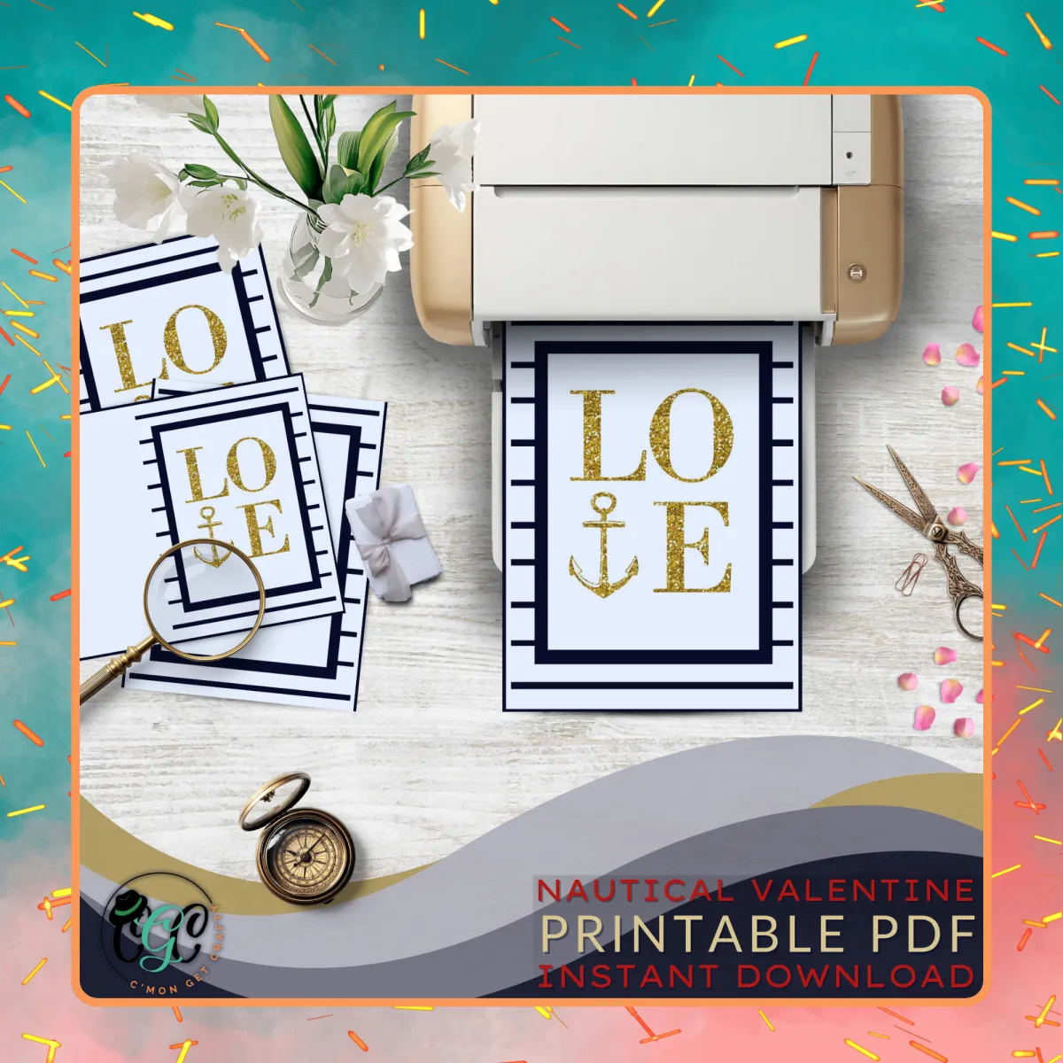 gold glittered and navy valentine printable love card