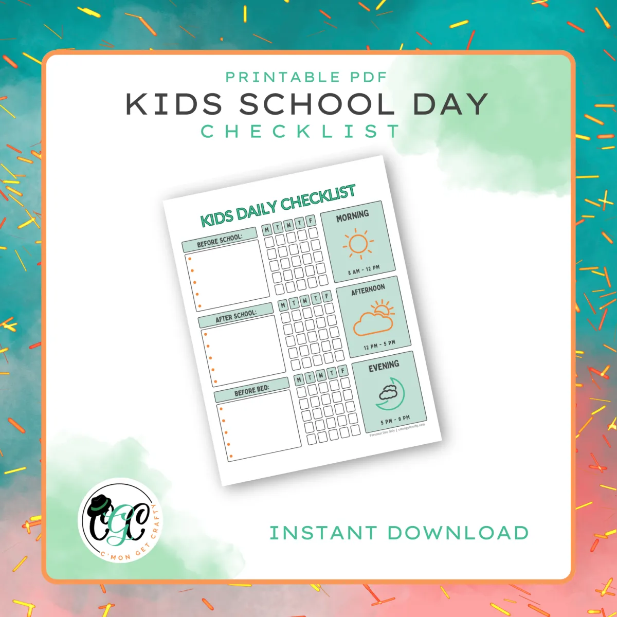 single page of kids' school day checklist printable over white and green background
