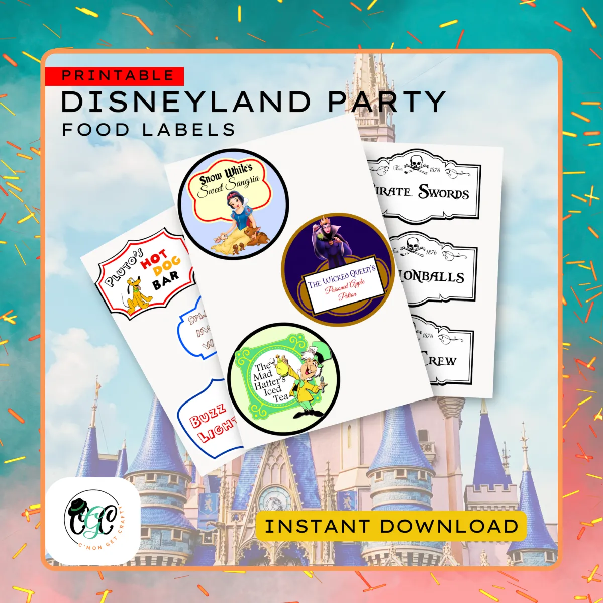 overlay of printable Disney food labels on Disneyland castle background graphic