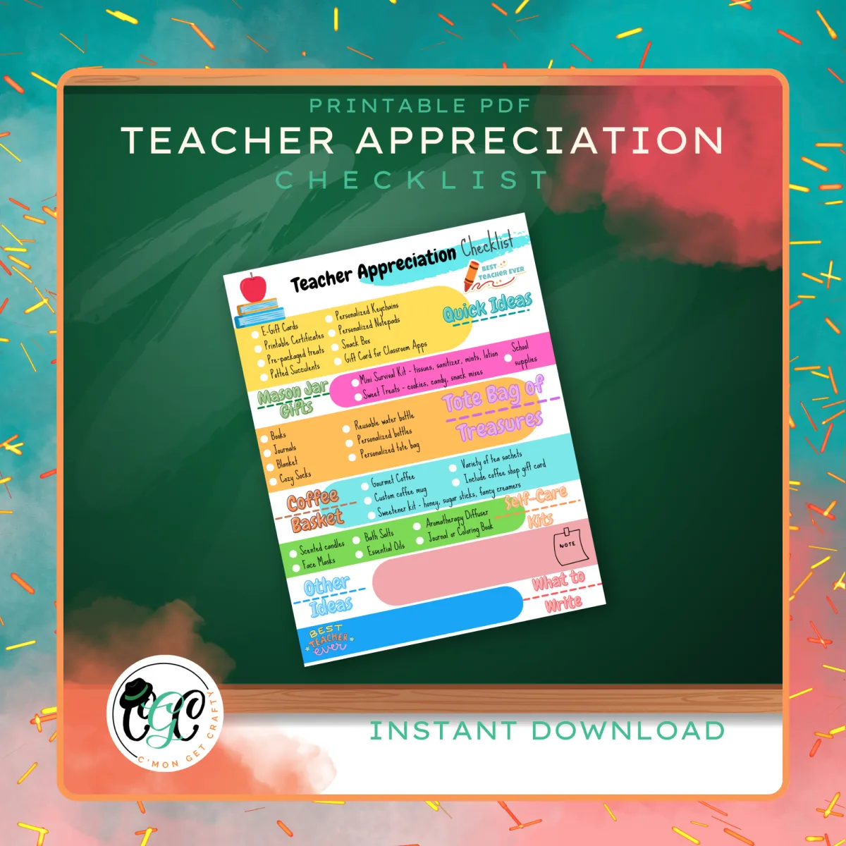 single page printable laid over chalkboard background for teacher appreciation checklist