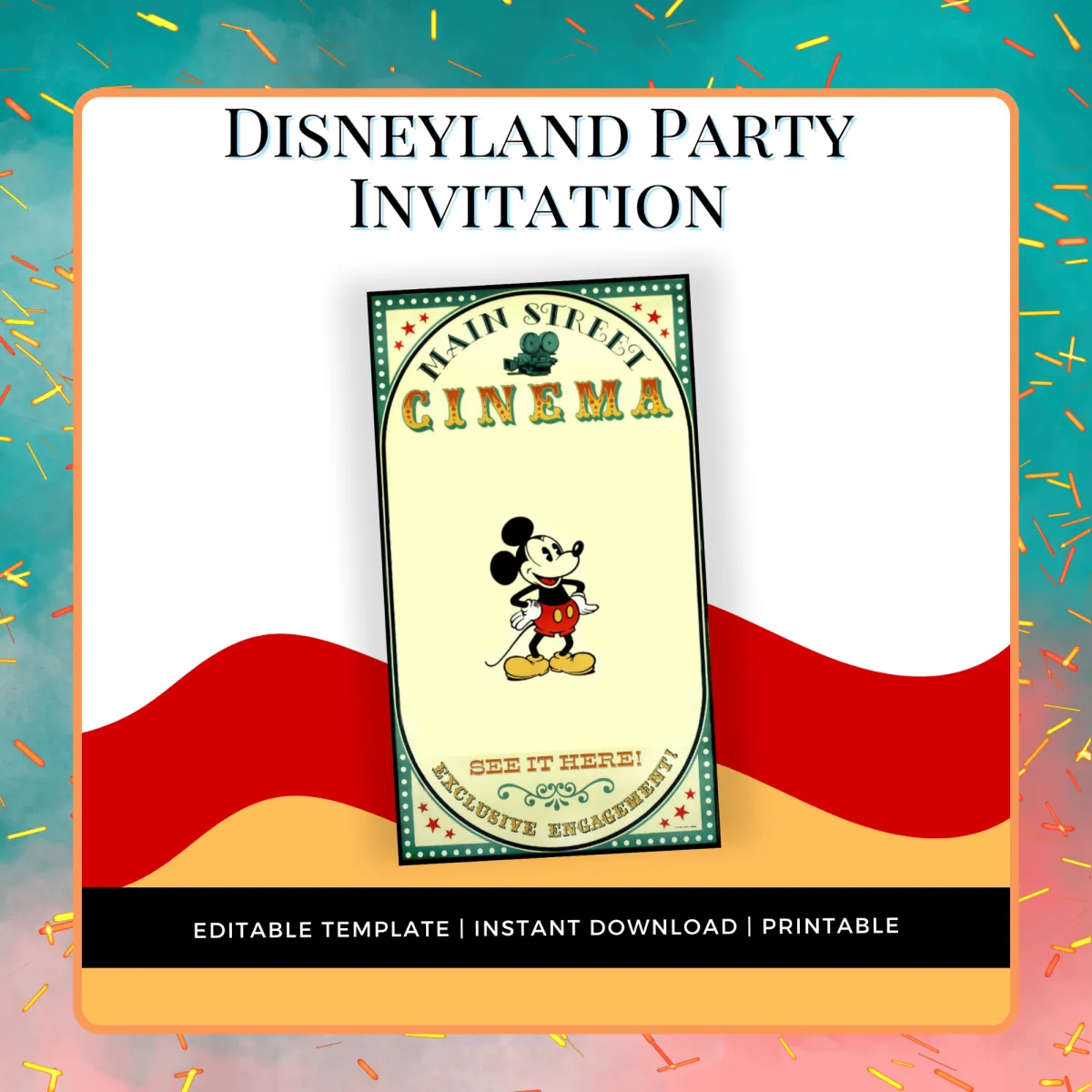 Vintage Disney themed printable birthday party invite featuring Mickey Mouse