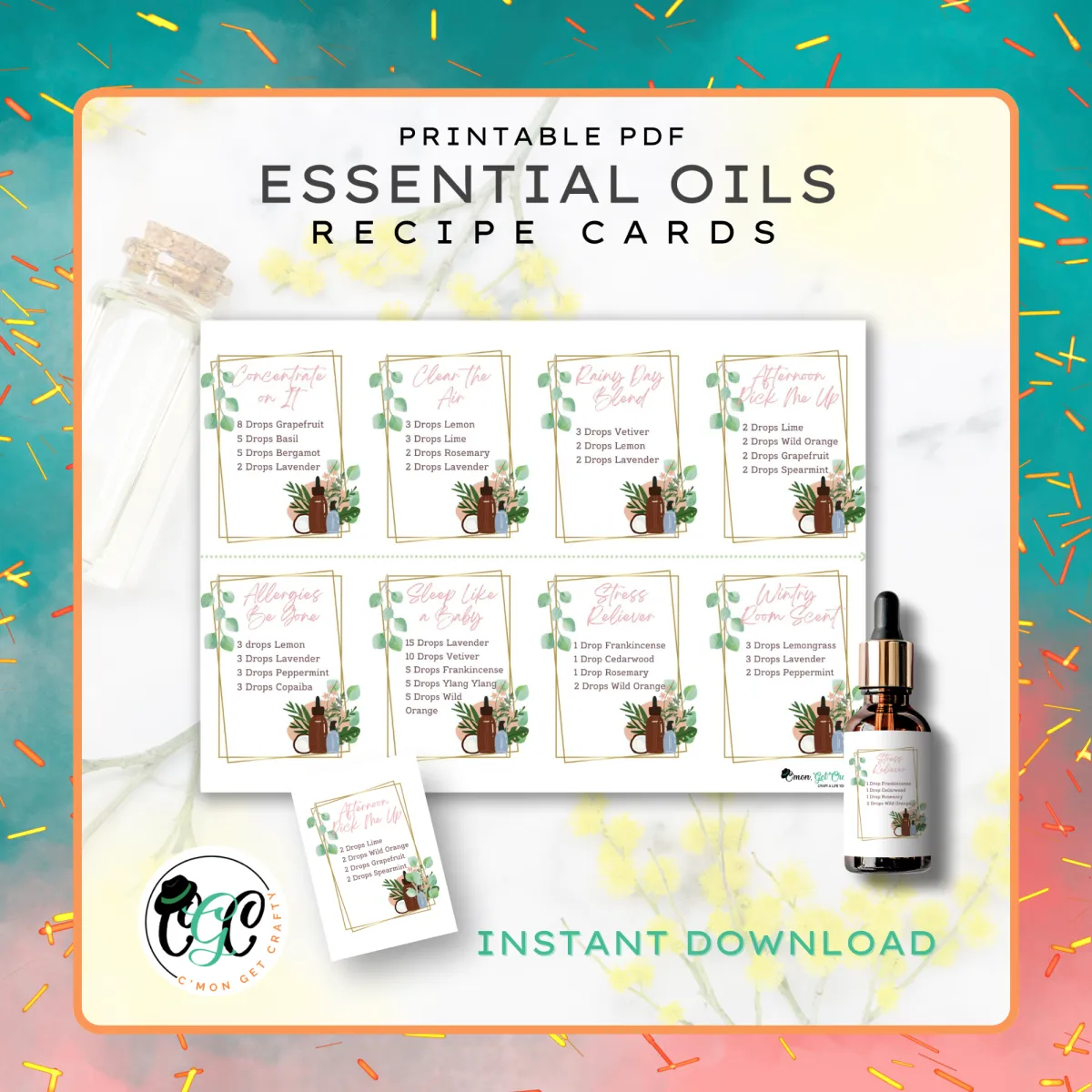 single page of eight recipe cards for essential oil blends over yellow and white marbled backdrop with essential oil bottles