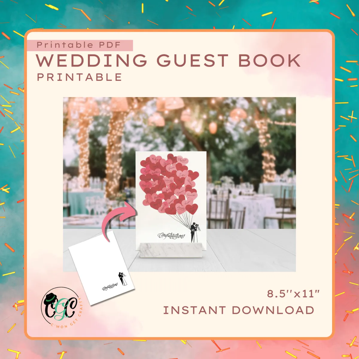 pink and cream graphic with image of wedding poster featuring hearts used like balloons