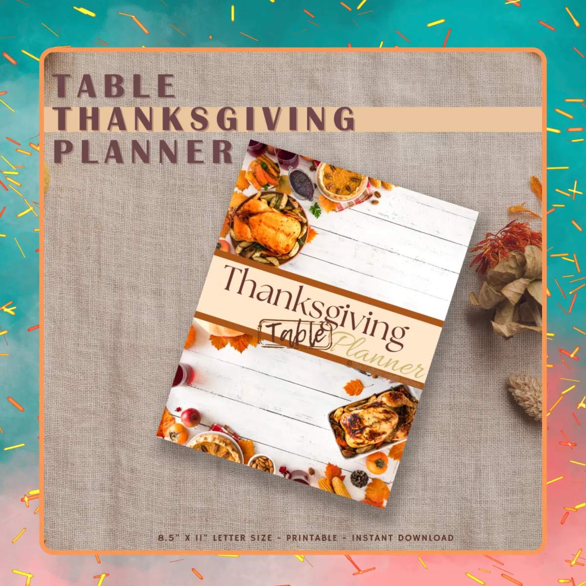 Digital product graphic showcasing cover of a Thanksgiving table planner