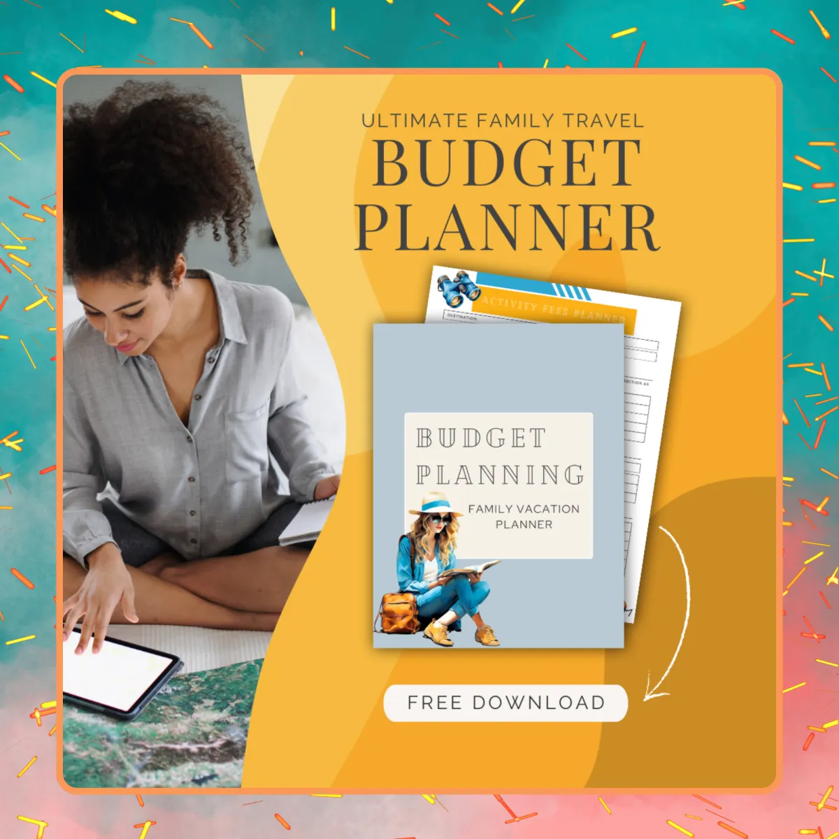 Woman on ipad with graphic yellow overlay and printable budget planner pages