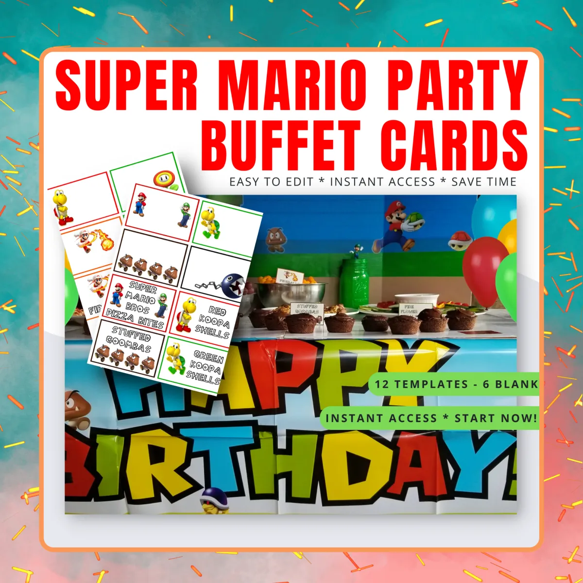 brightly colored graphic for Super Mario Birthday theme printable buffet cards