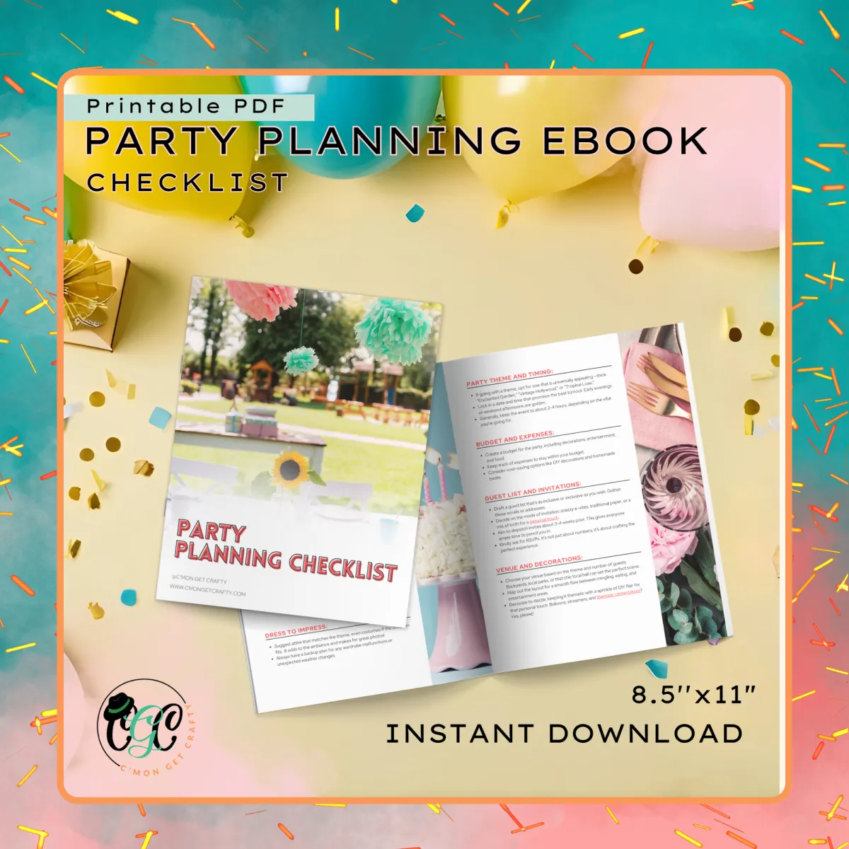 digital ebook graphic laid over yellow background with yellow, pink, and blue ballons