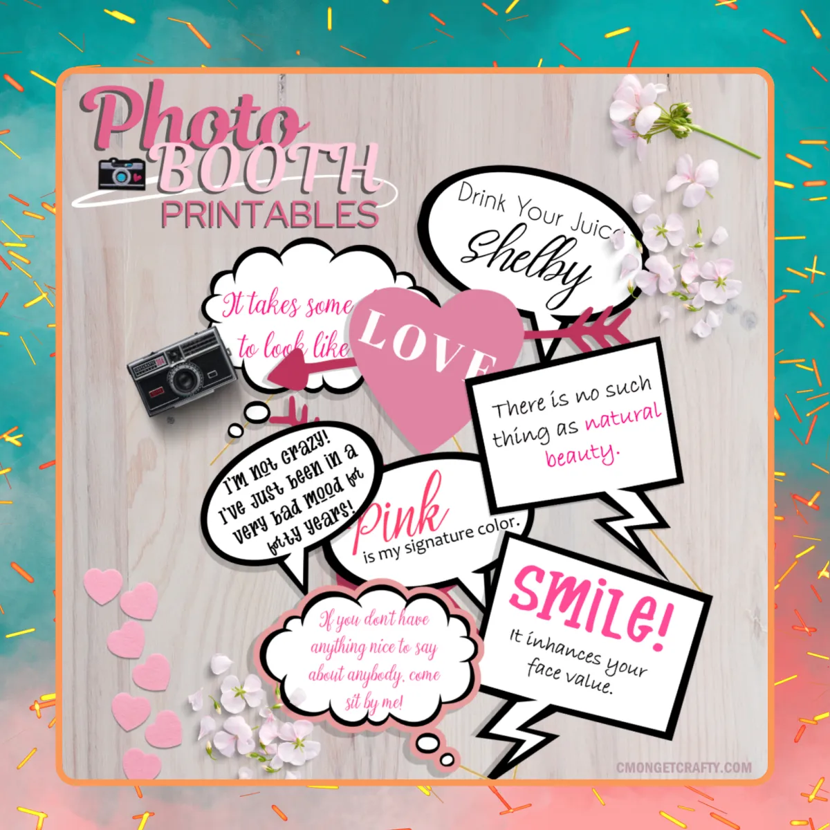 cut outs of thought bubbles and conversation boxes used as photo props in white and pin on wooden backdrop