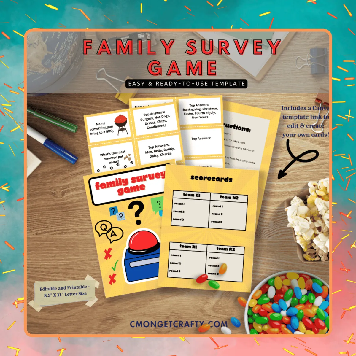 digital print images of printable family survey game in yellow, blue, and red color scheme on wooden surface with candy, popcorn, and pens strewn about