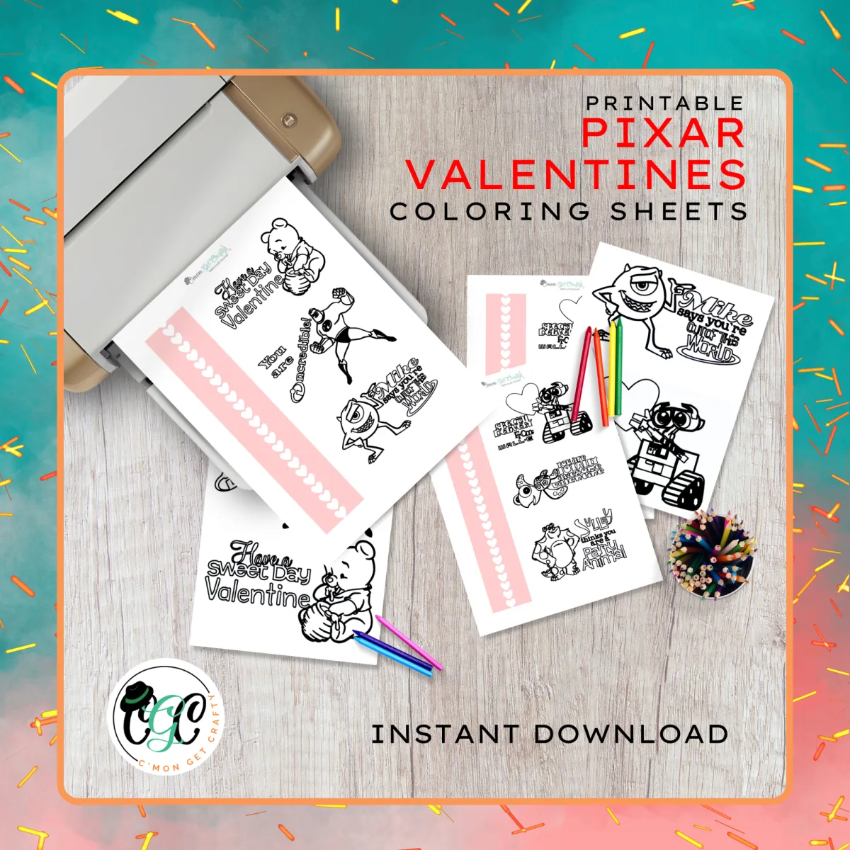 printer with printable Pixar and Disney themed valentine coloring pages