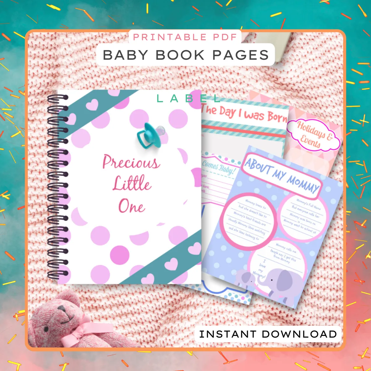 Three digital printable pages showing a DIY nursery projects guide over yellow and white background