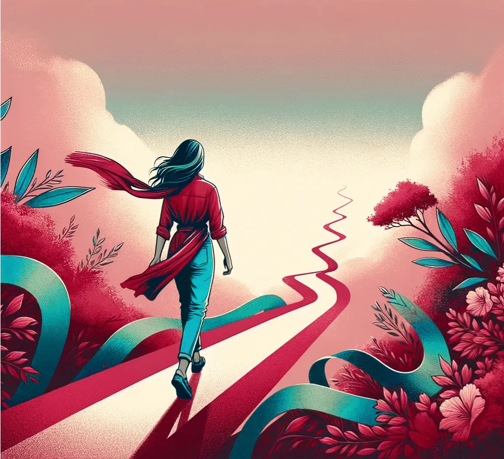 Young woman walking up stairs towards light flame