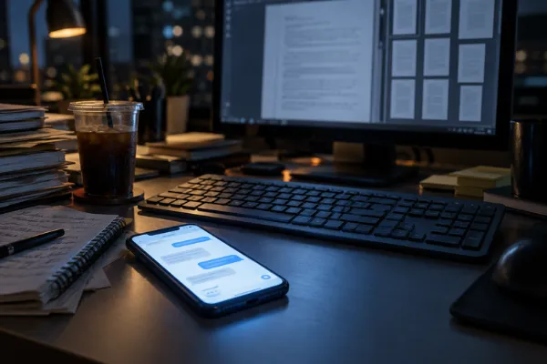 A smartphone glowing with an AI chat screen on an office desk late at night, next to unfinished documentation