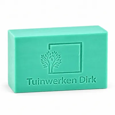 Turquoise rechthoekig zeepje Blok Basis met een ingedrukt bedrijfslogo.
