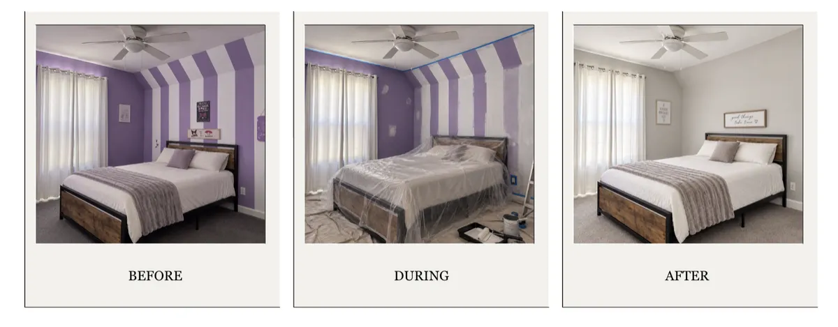 Before, preparation, and after photos of a purple striped bedroom repainted light gray to prepare a home for sale.