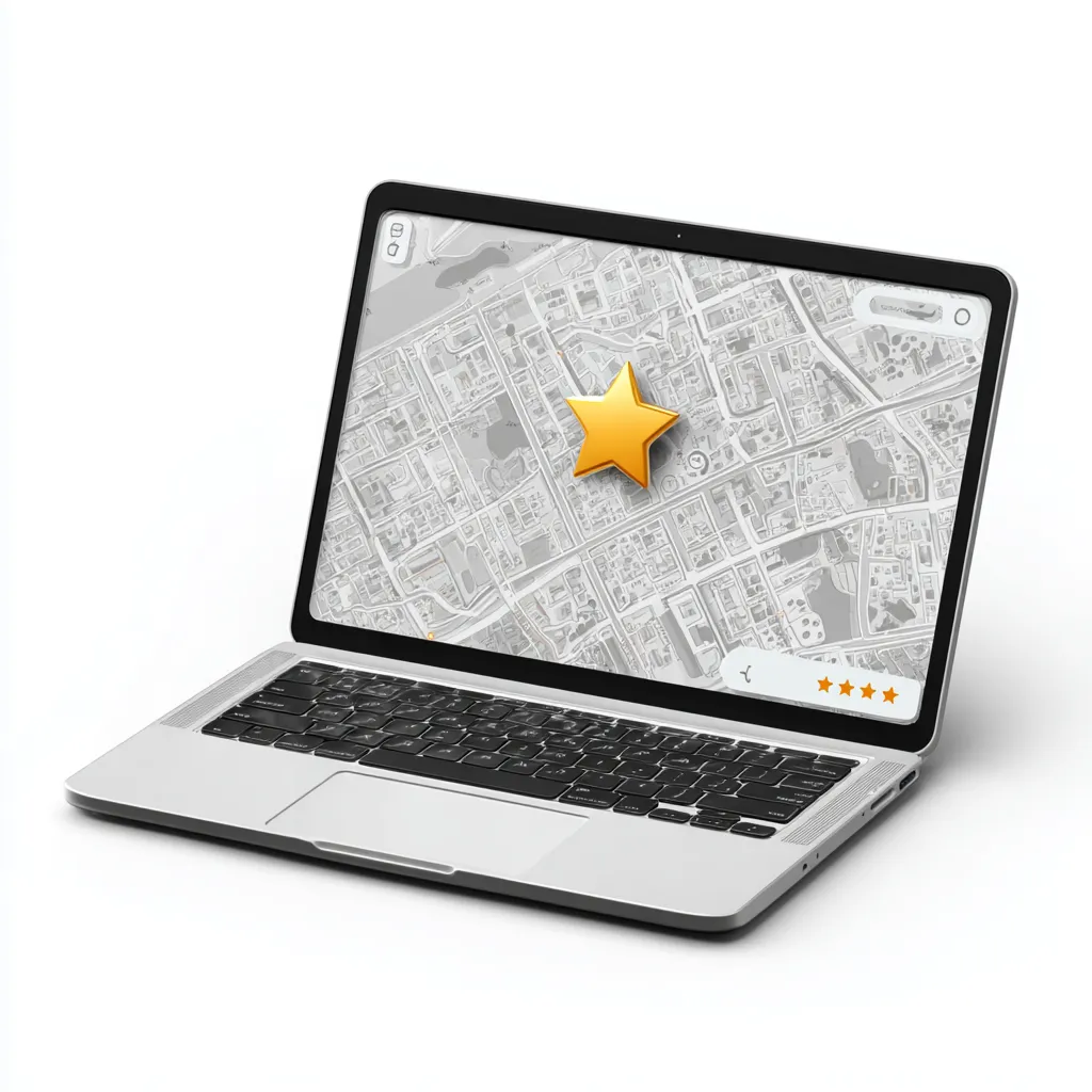 Image of a laptop with map software indicating a big gold star on a location illustrating Local SEO service
