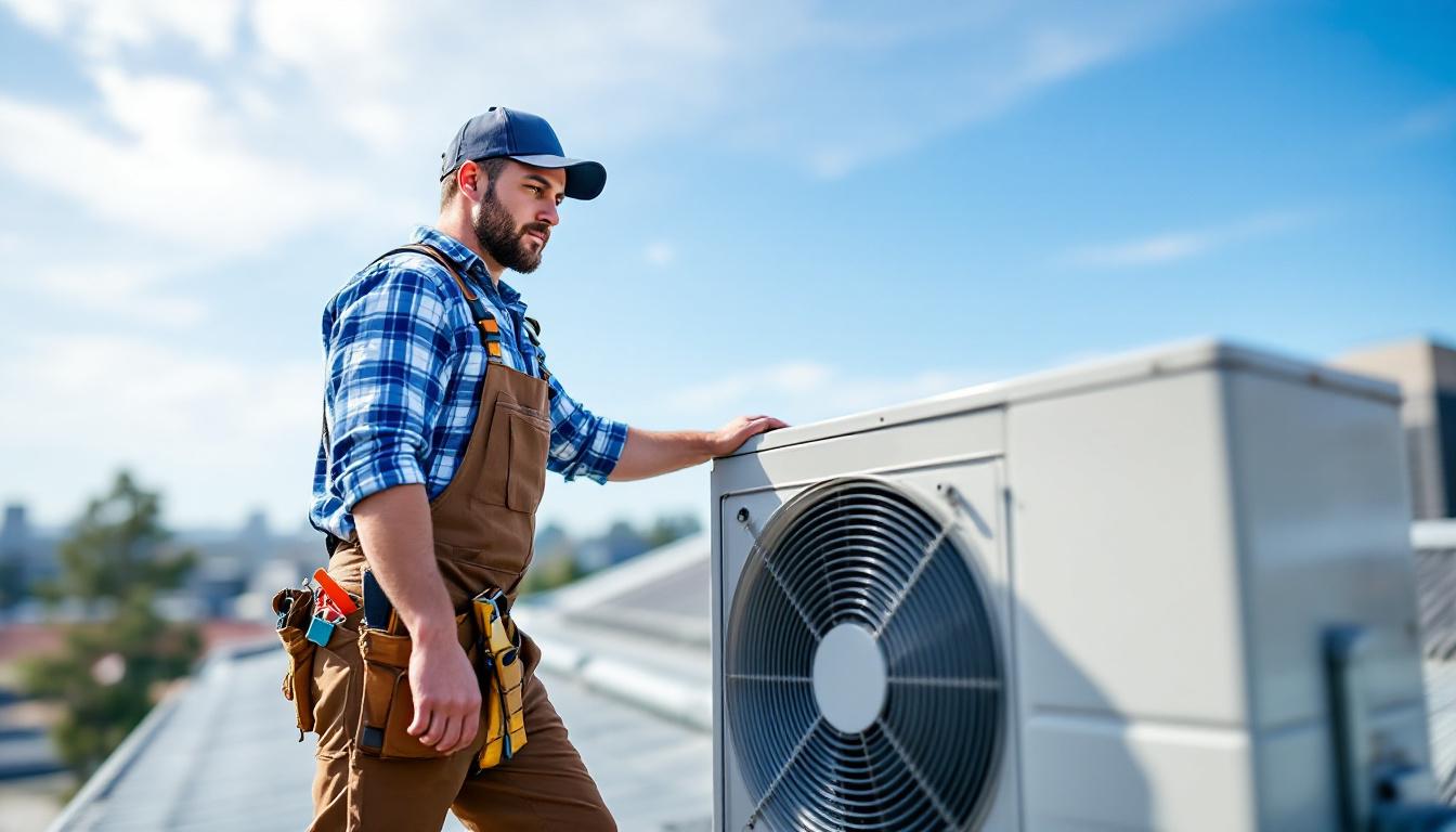 HVAC technician on roof next to ducted unit