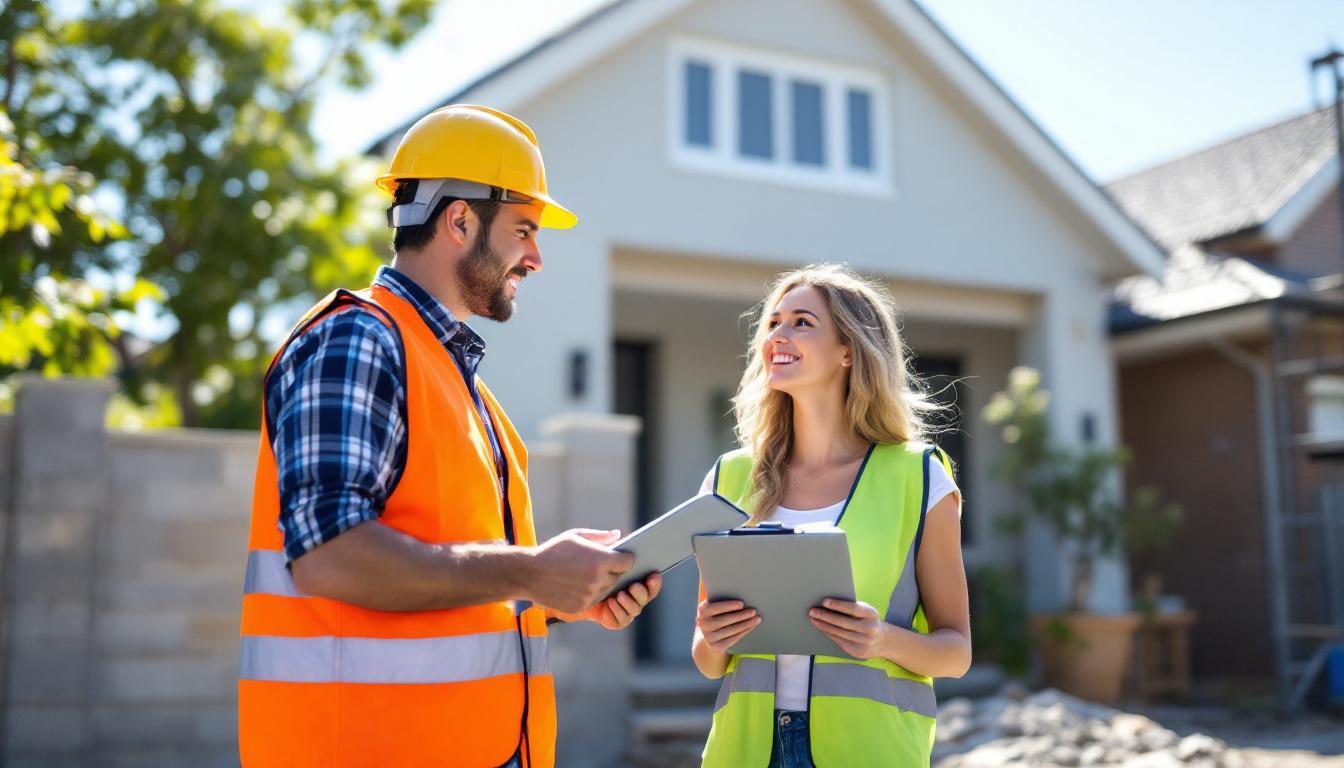 Builder talking to couple outside construction site