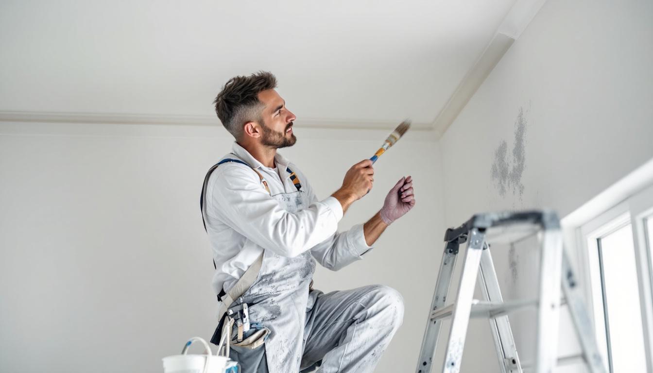 Painter cutting in along ceiling trim