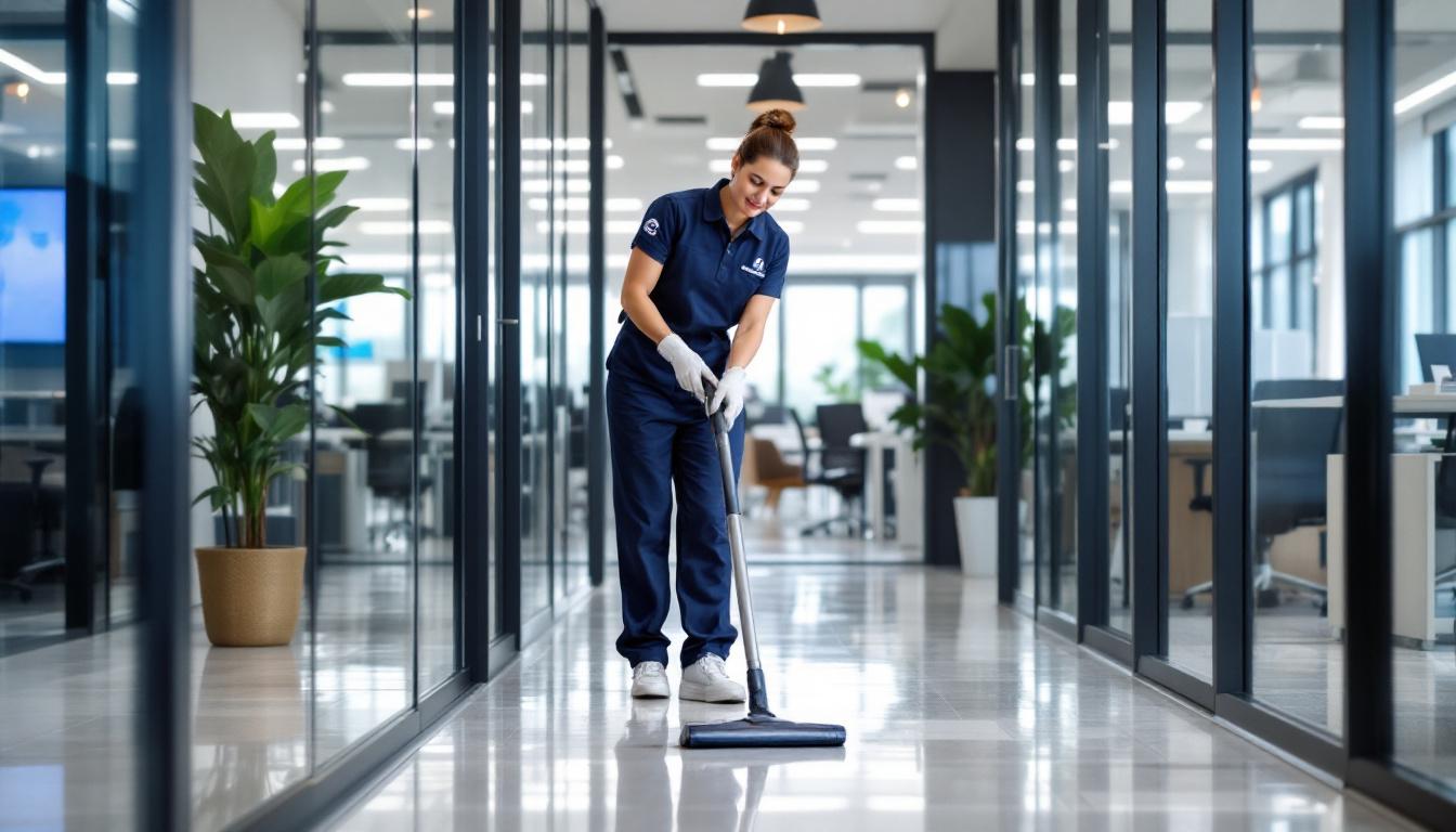Professional cleaner vacuuming modern office