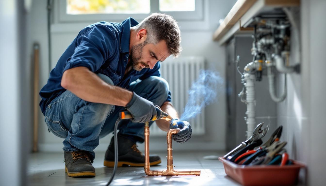 Plumber soldering copper pipe joint