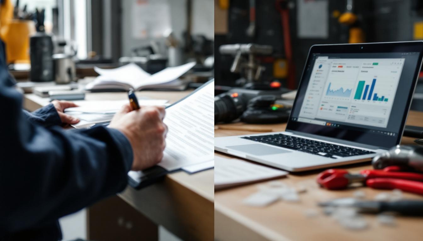 Clipboard with paper job sheets versus clean CRM dashboard on laptop