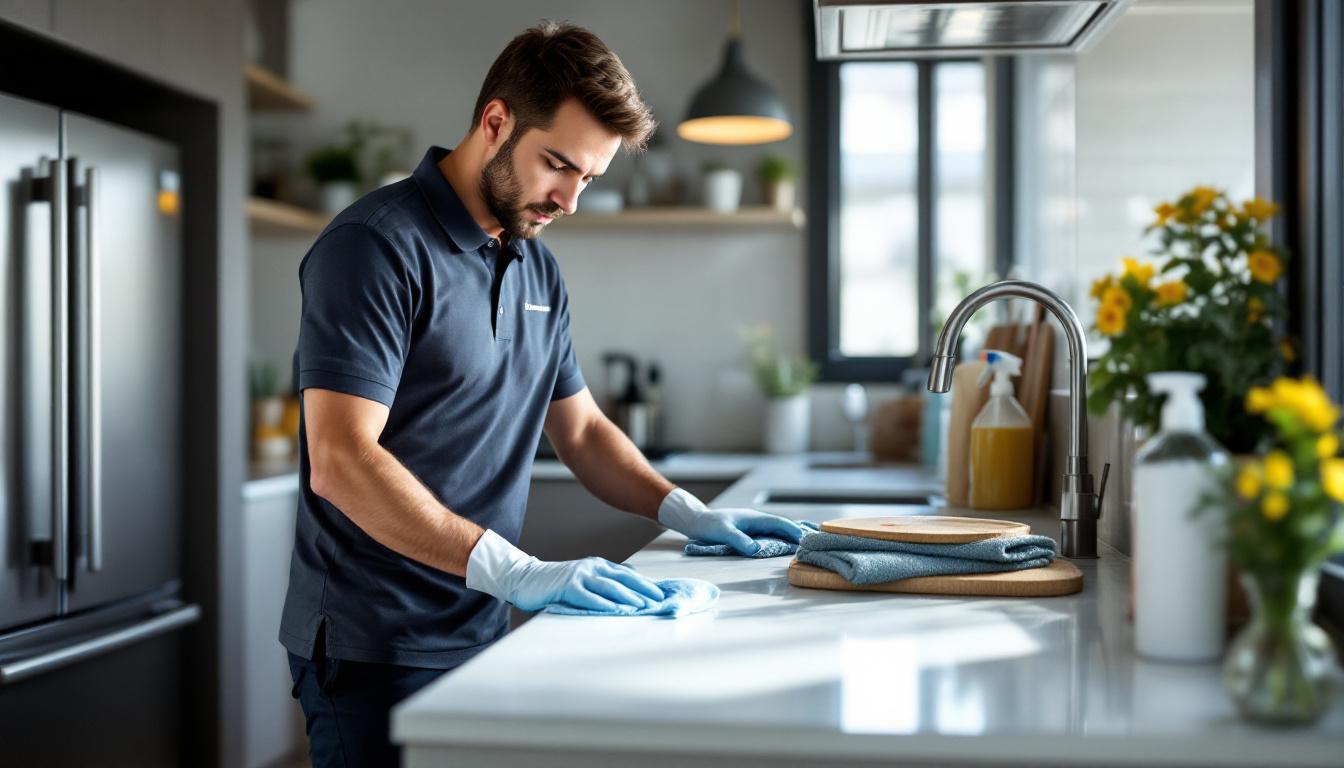 Professional cleaner wiping kitchen benchtop