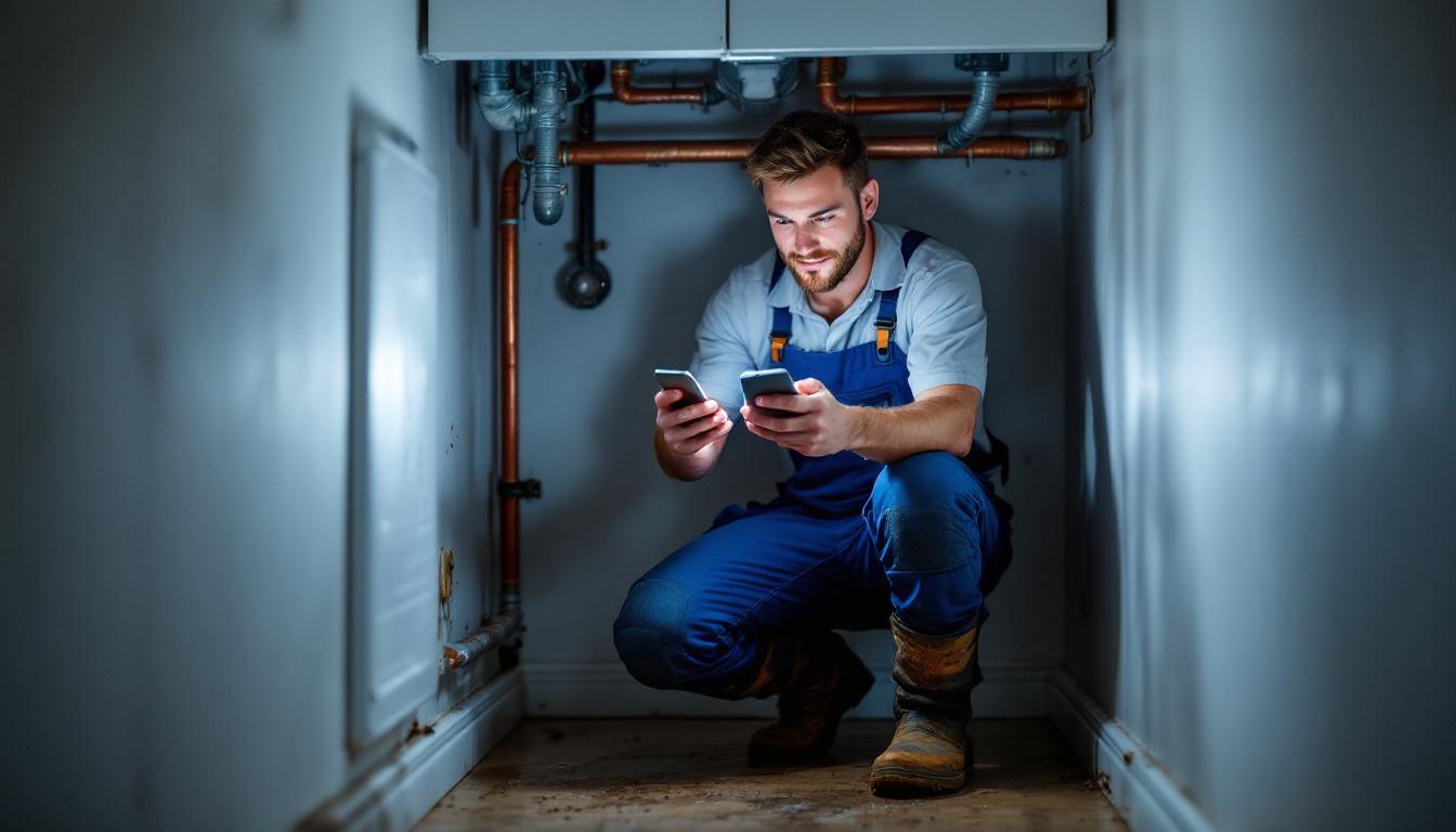 Plumber working in tight space with phone buzzing in pocket
