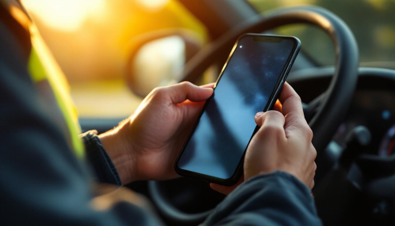 Tradie phone ringing on work ute dashboard