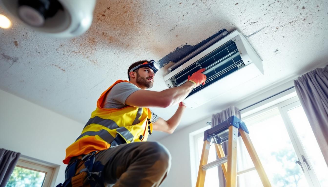 HVAC technician installing ducted air conditioning in ceiling space