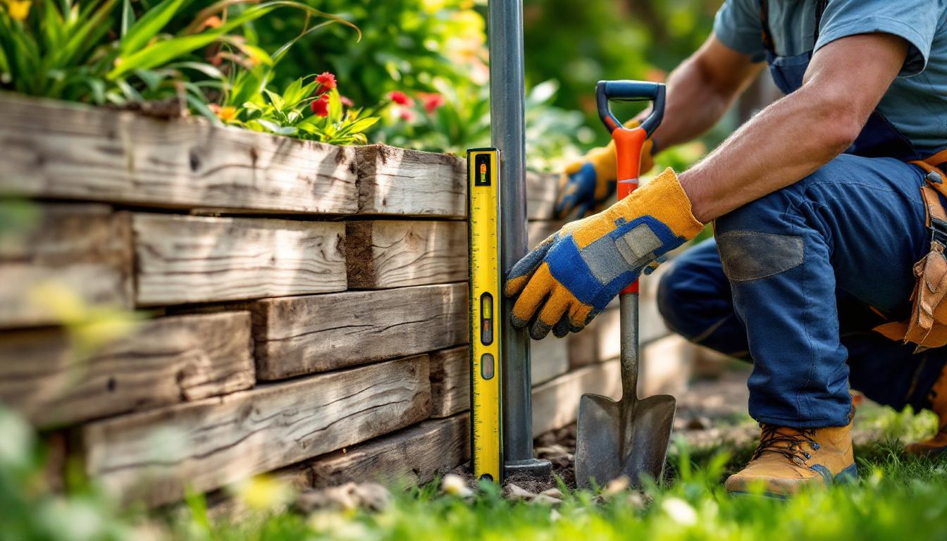 Australian landscaper building timber retaining wall in backyard