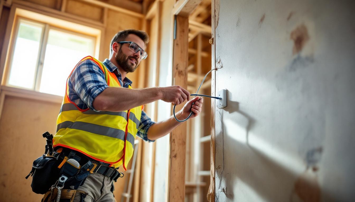 Electrician pulling cable through wall cavity