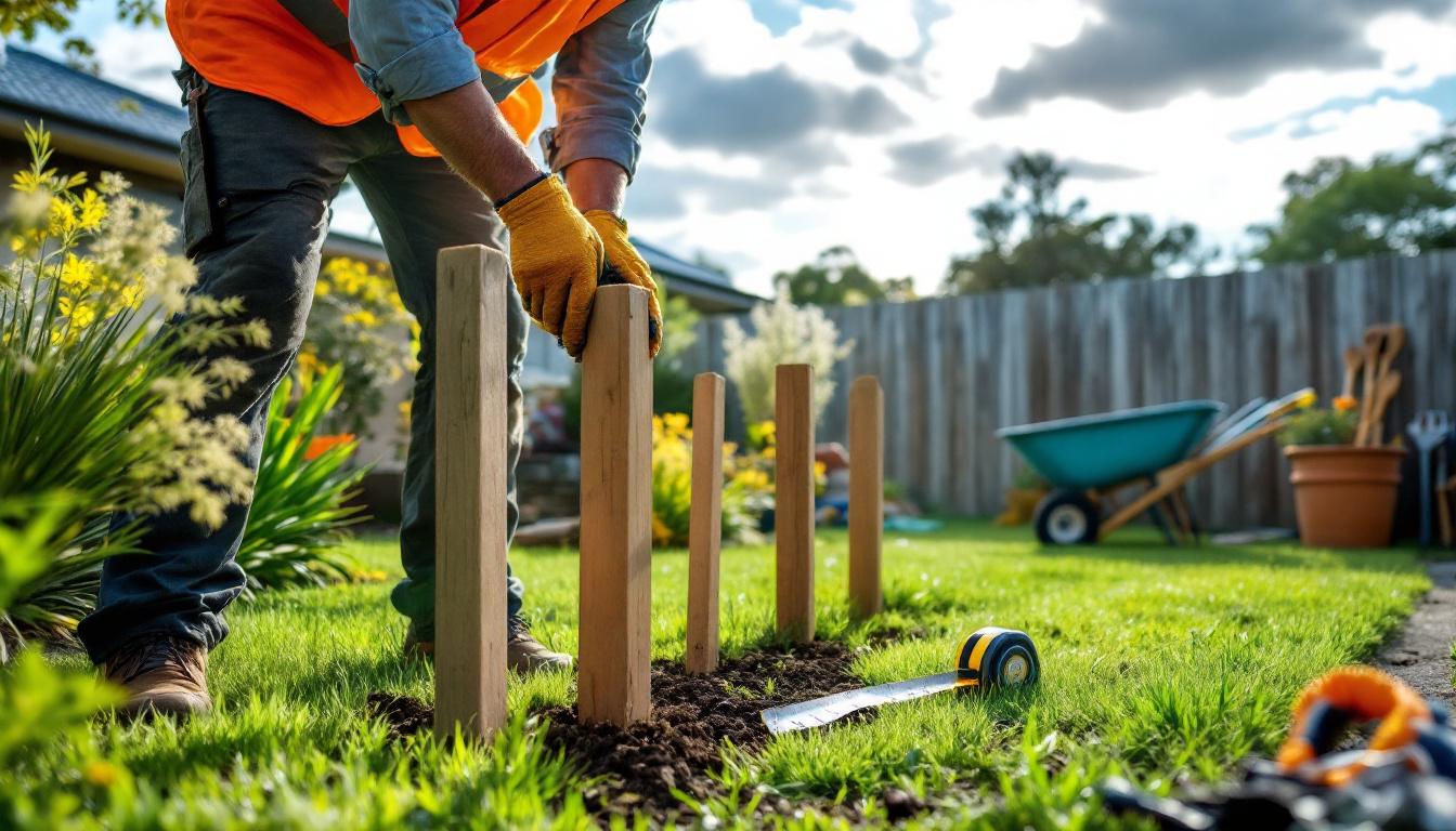 Landscaper measuring garden bed in residential backyard