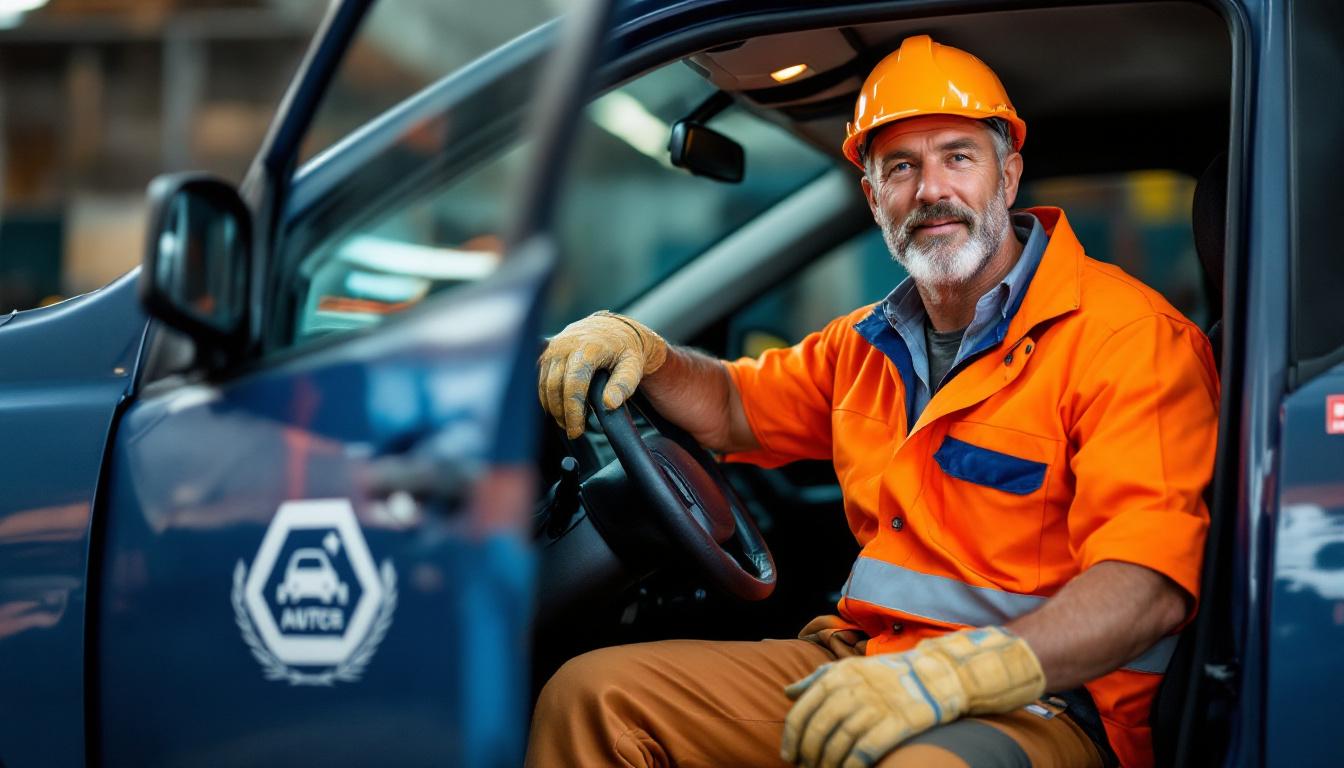 Solo tradie reviewing jobs on tablet in work ute at sunset