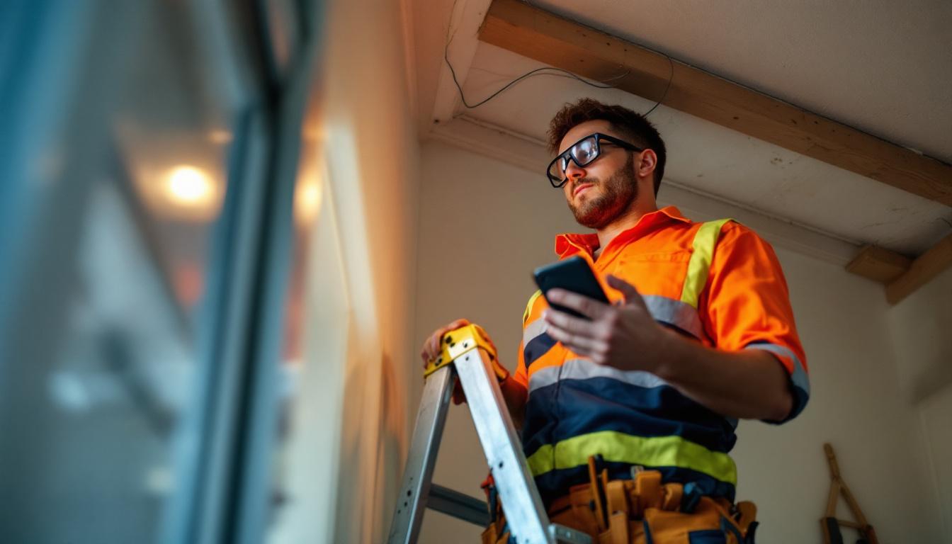 Electrician on a ladder working on ceiling wiring with phone ringing