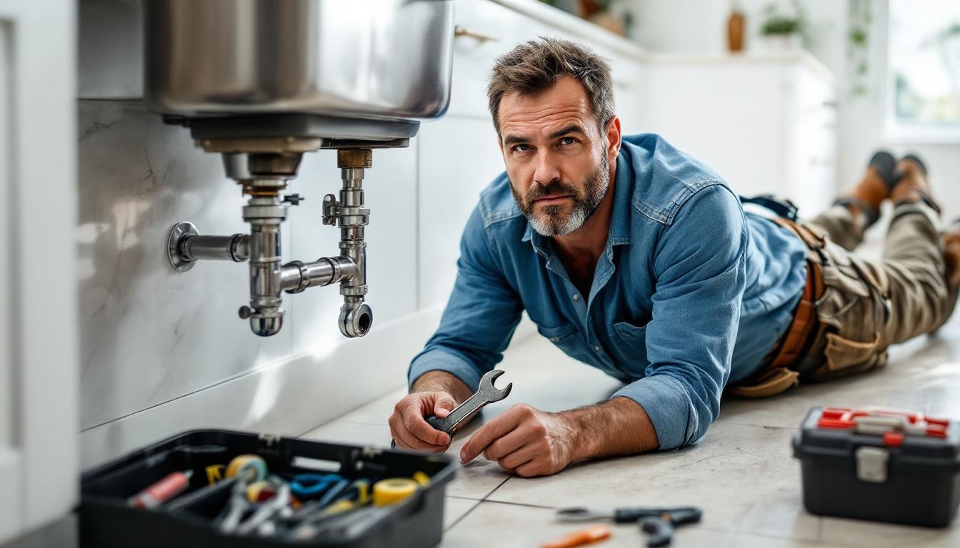Plumber working under a kitchen sink with tools