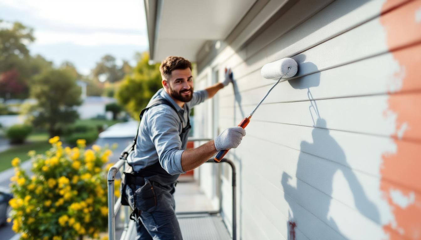 Painter on scaffold painting house exterior with roller