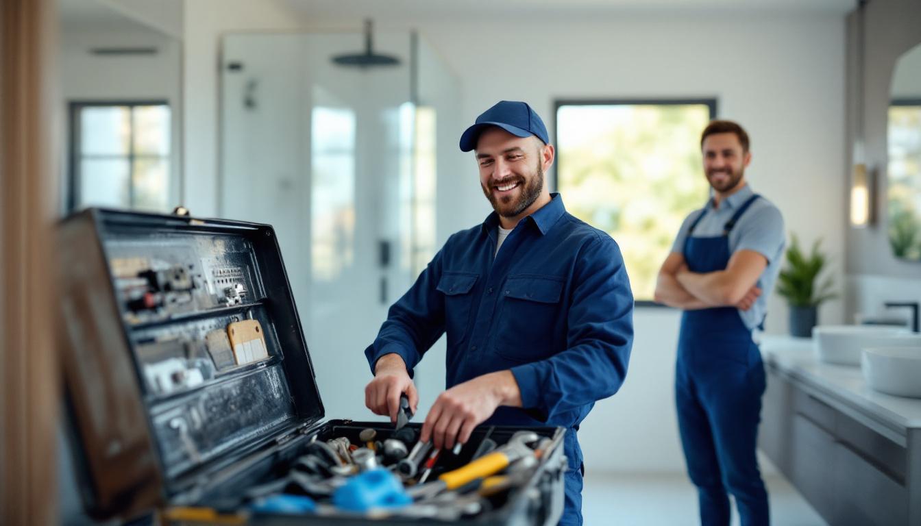 Plumber packing up tools after completing a bathroom job