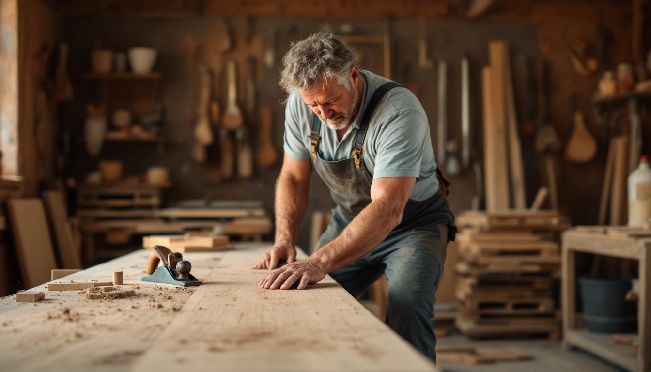 Carpenter hand-planing timber in workshop